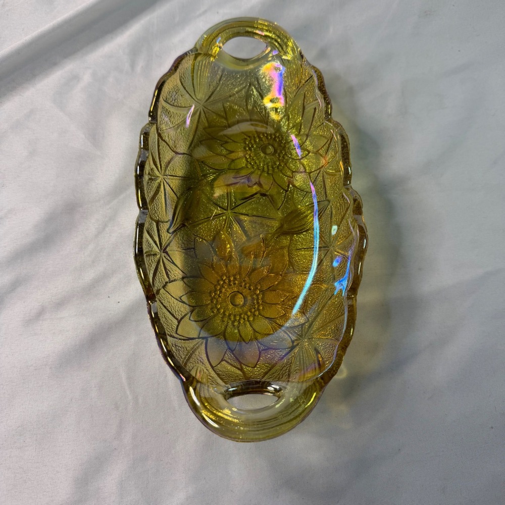 Vintage Sunflower Carnival Glass Relish Dish Marigold Iridescent Amber Tray